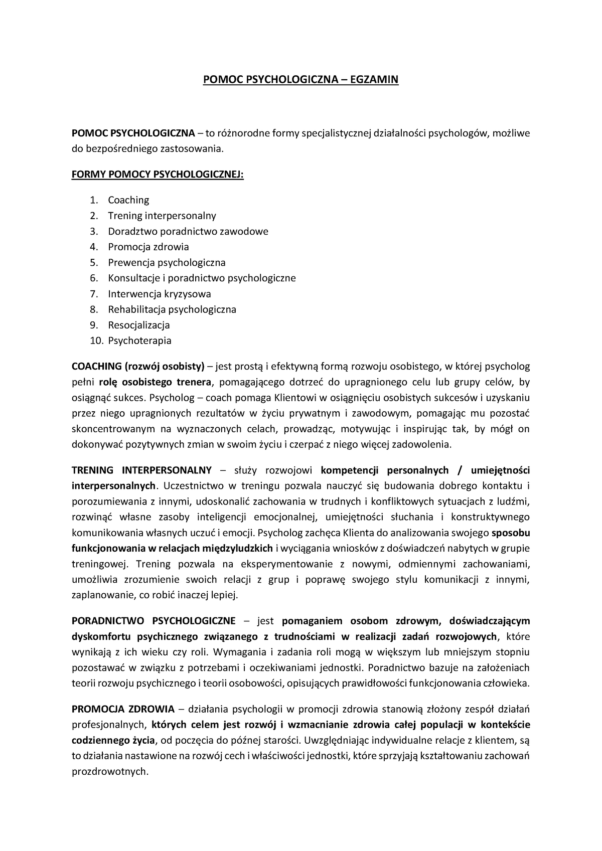 Pomoc Psychologiczna Notatki - POMOC PSYCHOLOGICZNA – EGZAMIN POMOC ...