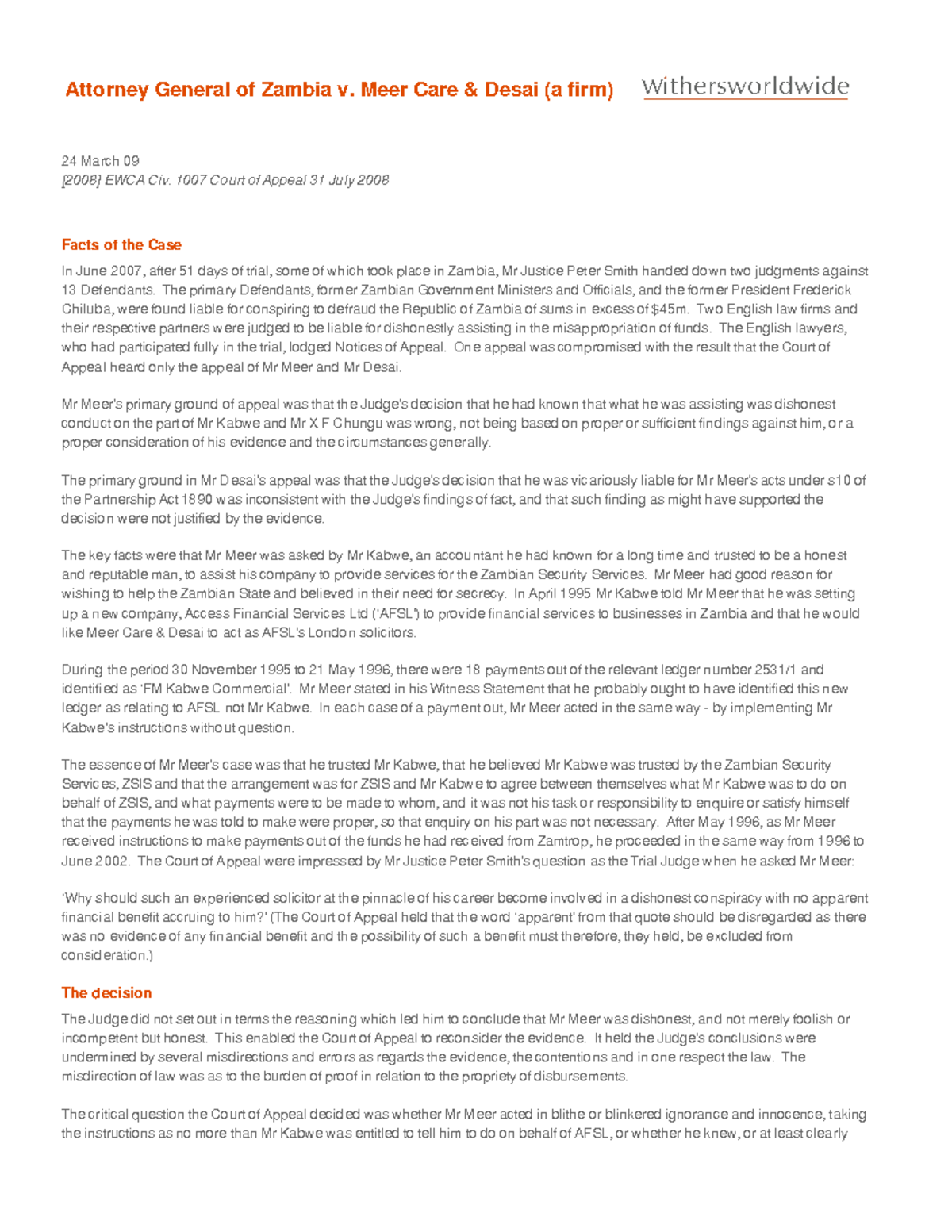 Attorney General of Zambia v. Meer Care & Desai (a firm) Attorney