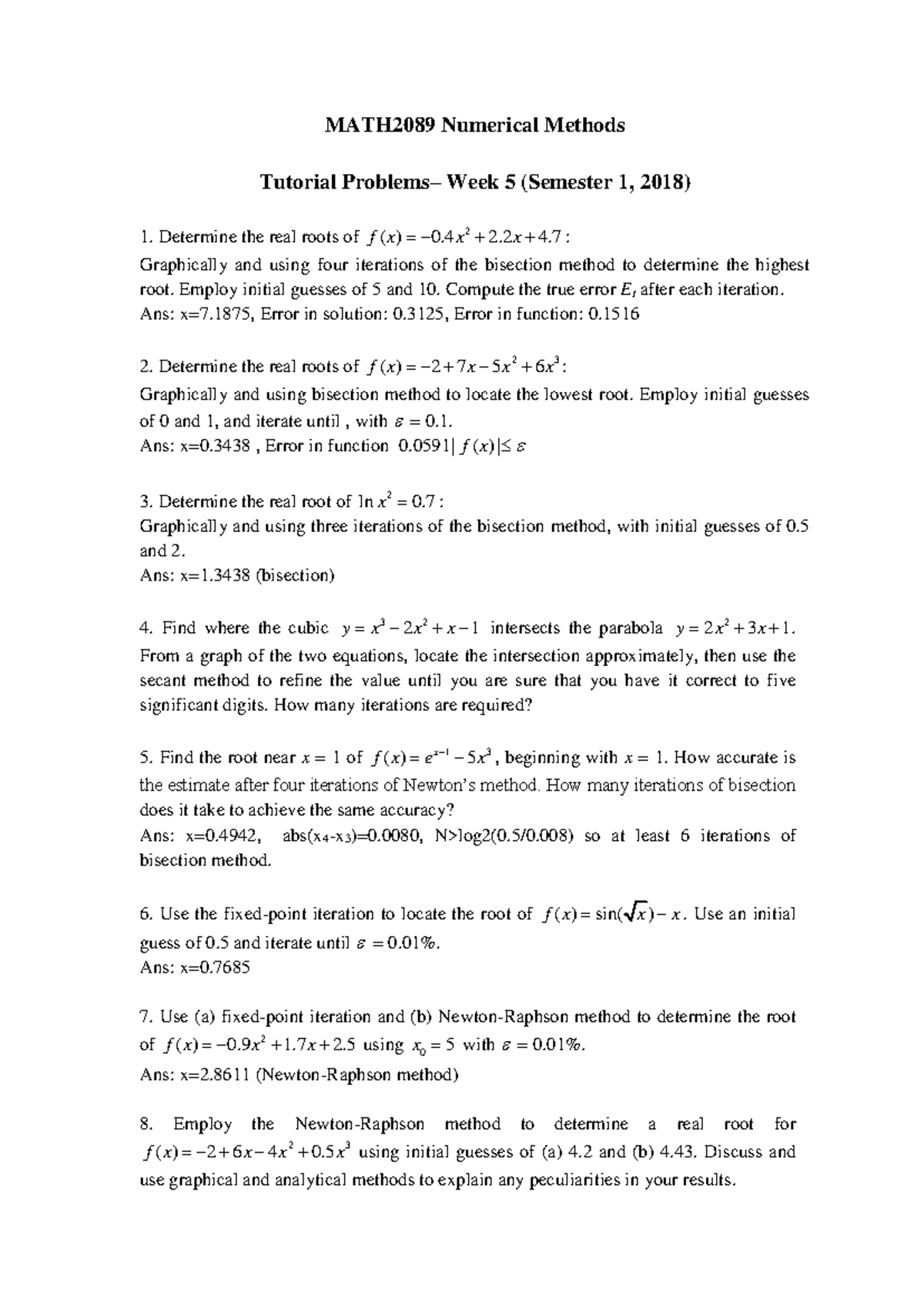 MATH2089 S1 2018 - Week 5 Tut - MATH2089 Numerical Methods Tutorial ...