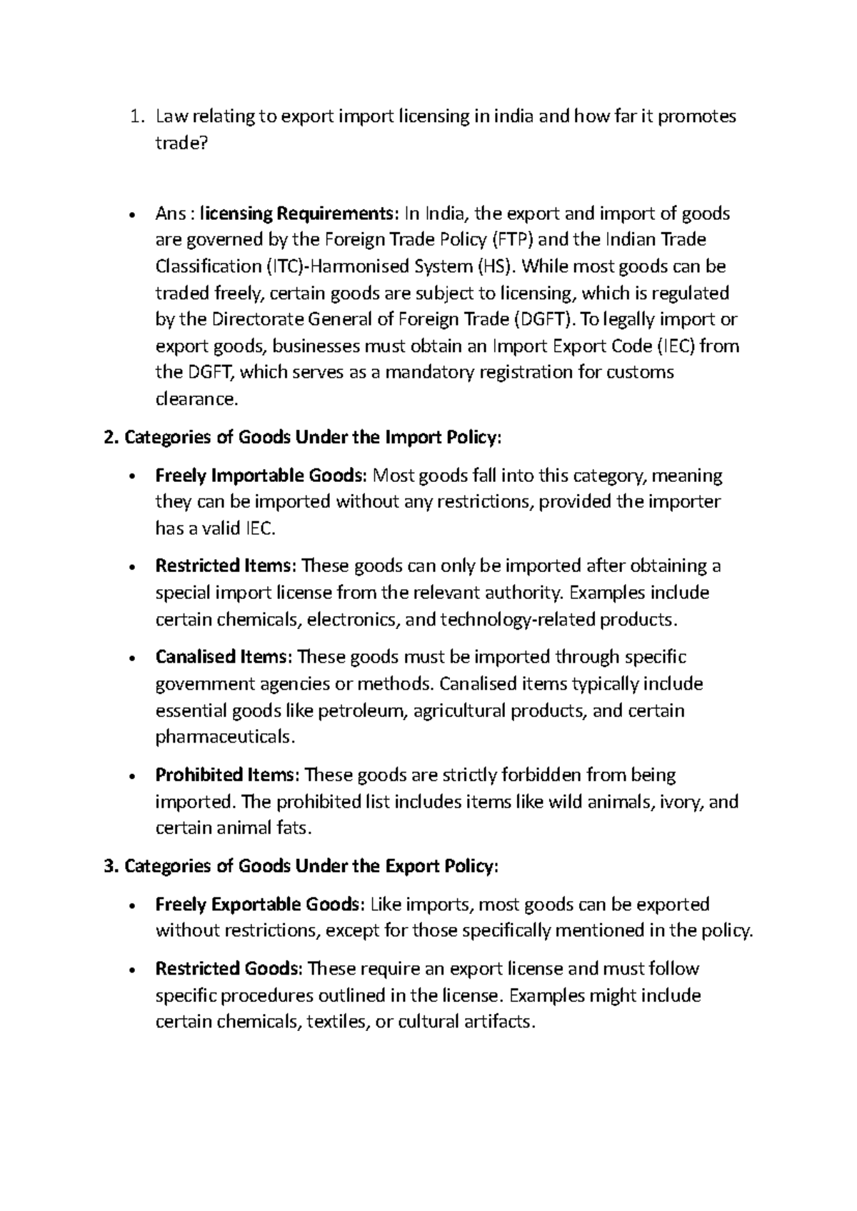 ITE Notes 1 - 1. Law relating to export import licensing in india and ...