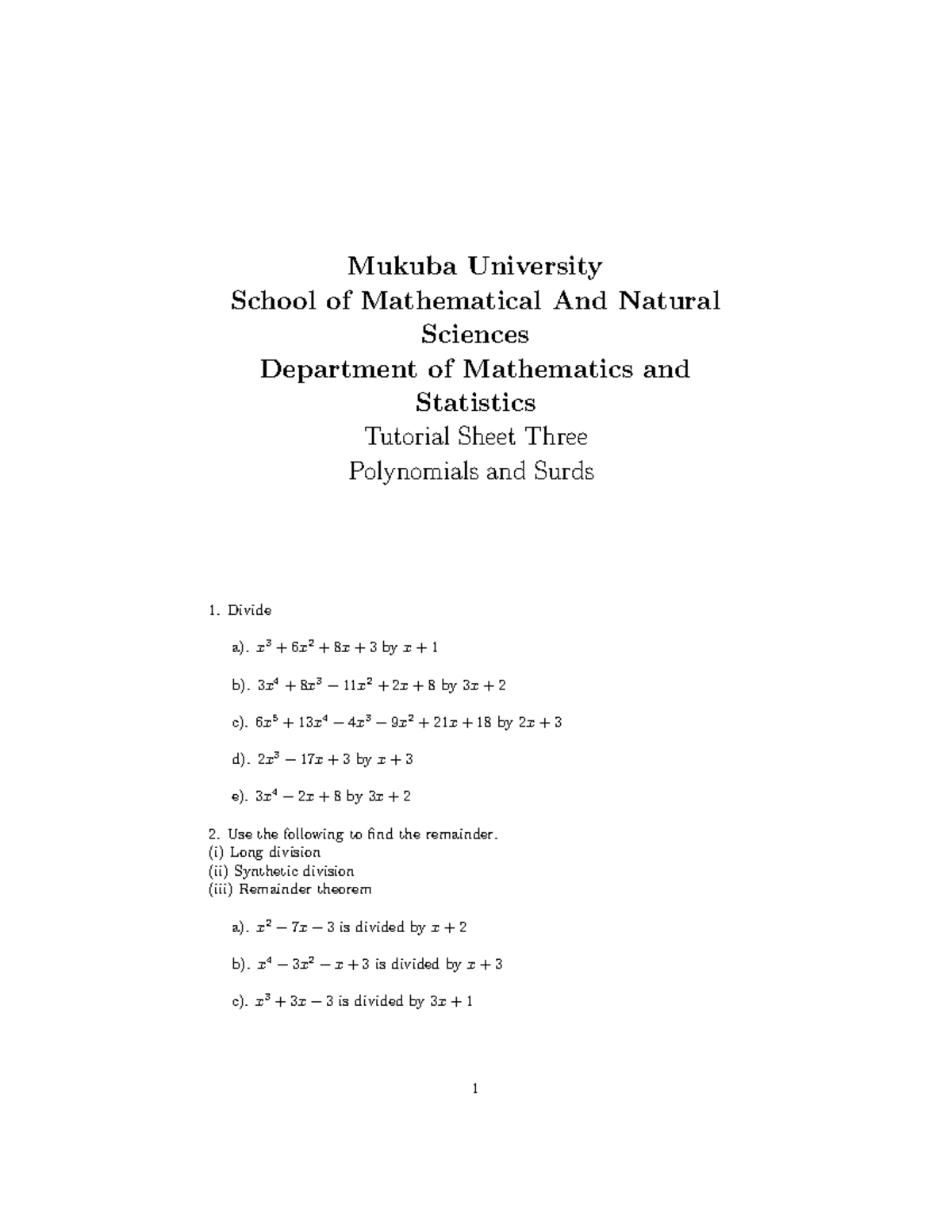 Tutorial Sheet 3 - I want to study in advance - Mukuba University ...