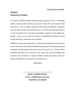 Carta de recomendacion de migracion colombia - Cali, 04 de junio de 2021  SEÑORES MIGRACION COLOMBIA - Studocu