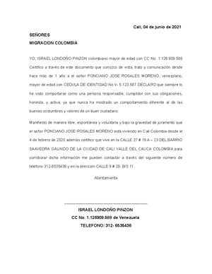 Carta de recomendacion de migracion colombia - Cali, 04 de junio de 2021  SEÑORES MIGRACION COLOMBIA - Studocu