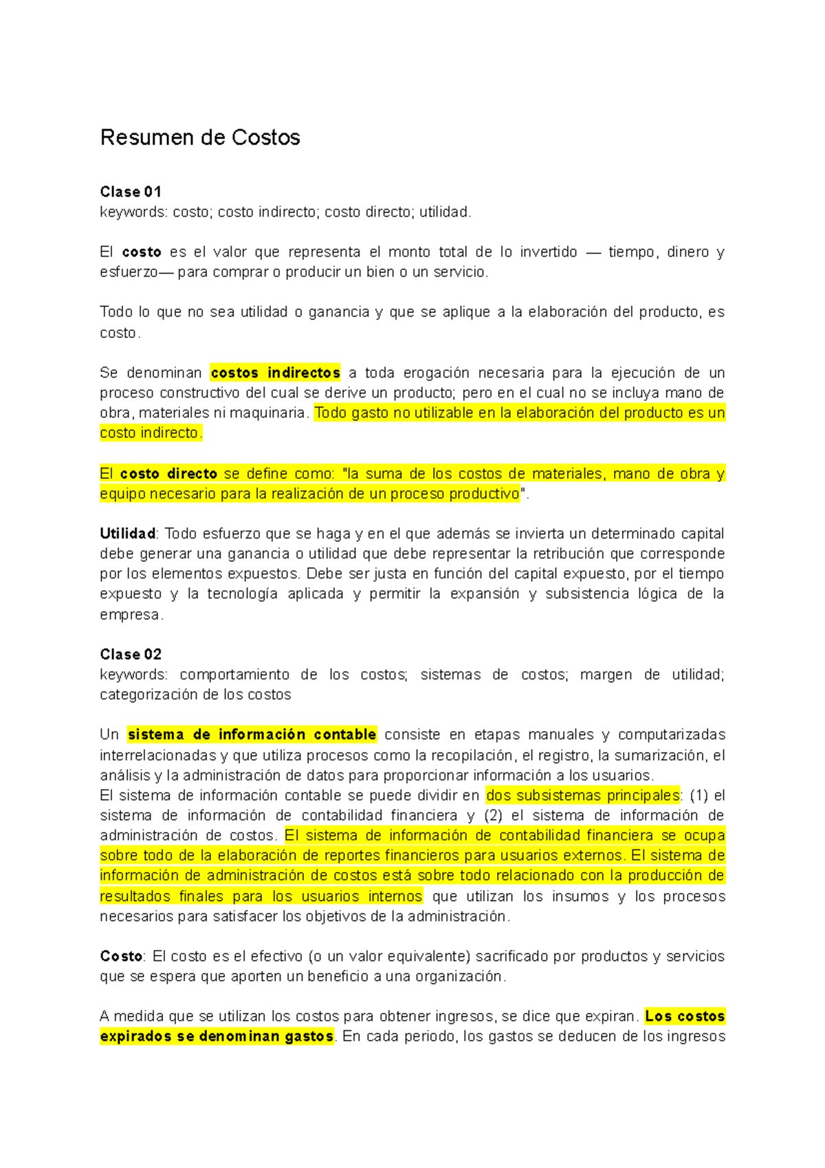 Resúmen de Costos - Resumen - Resumen de Costos Clase 01 keywords ...