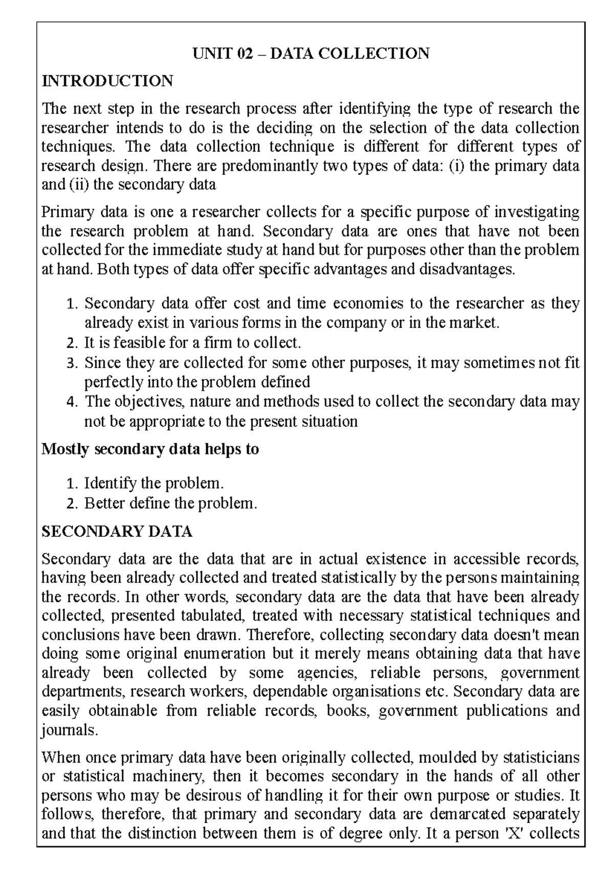 Brm2 - Lecture notes 2 - UNIT 02 – DATA COLLECTION INTRODUCTION The ...