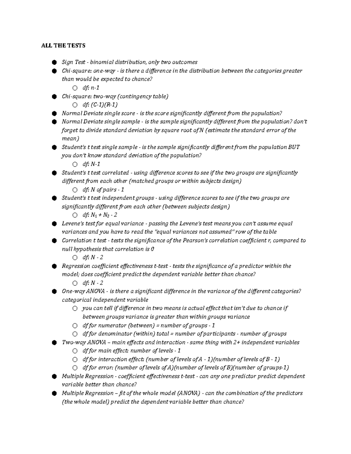 Final Notes - Summary Quantitative Methods - ALL THE TESTS Sign Test ...
