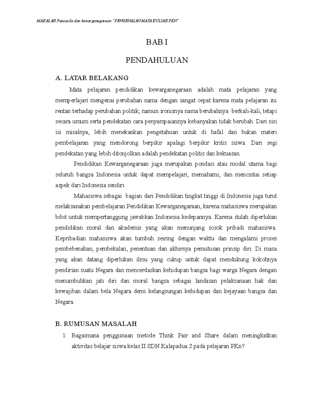 Makalah Pancasila Dan Kewarganegaraan “ Pengenalan Mata Kuliah PKN ...