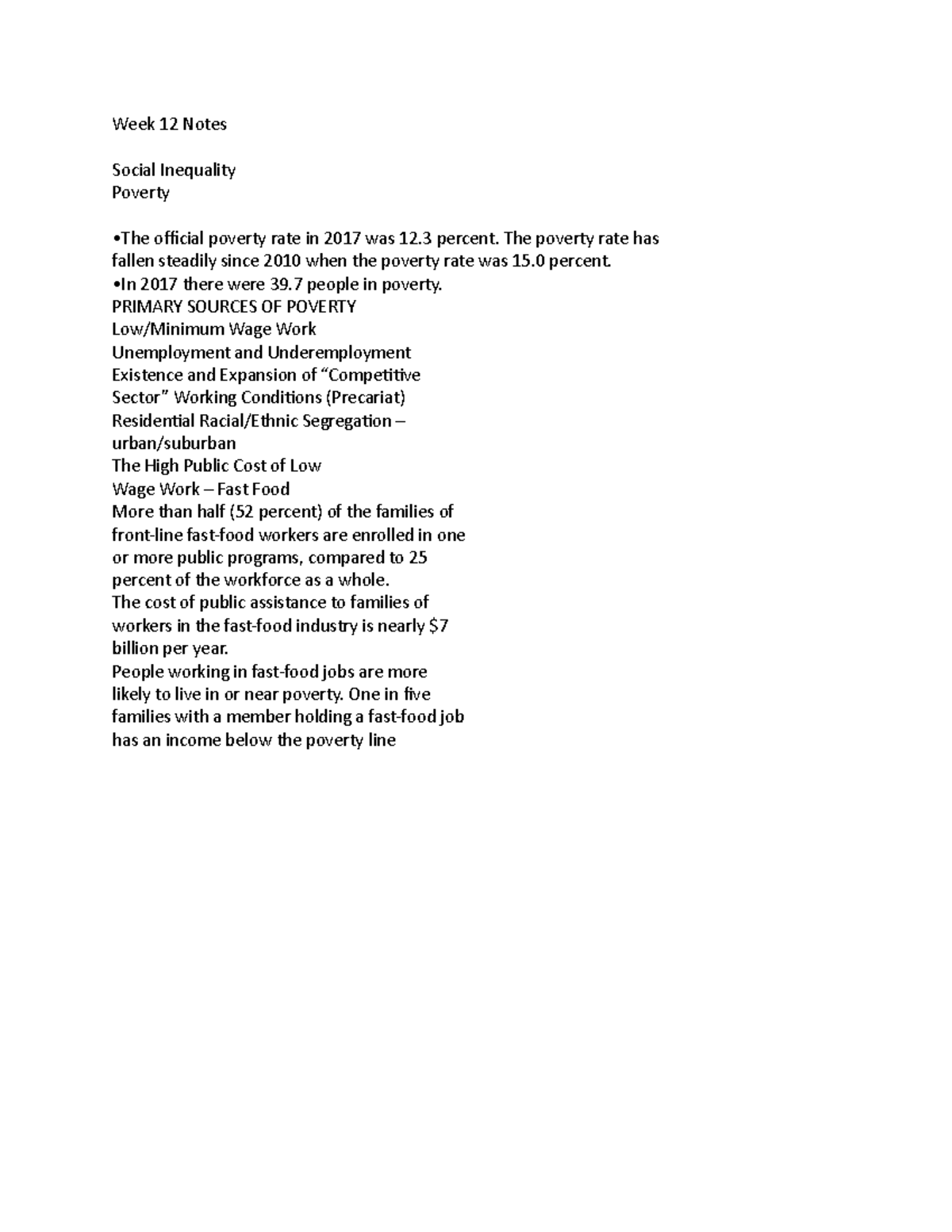 Week 12 Notes - Jaffee. - Week 12 Notes Social Inequality Poverty •The ...