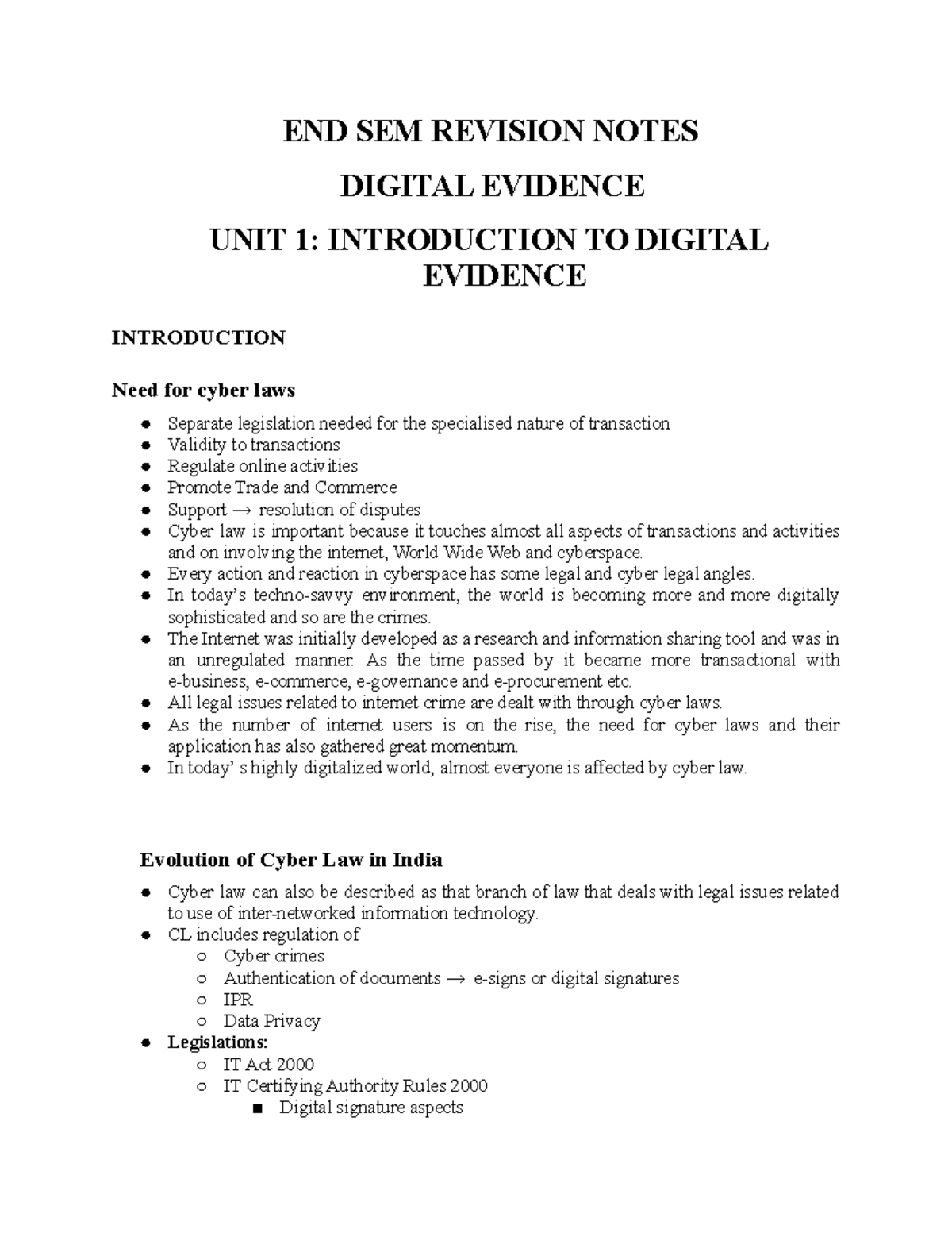 Digital evidence Unit 1 END SEM REVISION NOTES DIGITAL EVIDENCE UNIT
