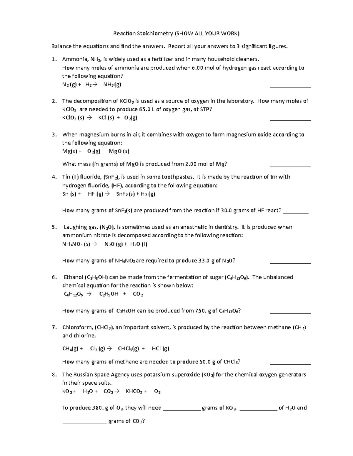 Reaction Stoichiometry 3 - Report all your answers to 3 significant ...