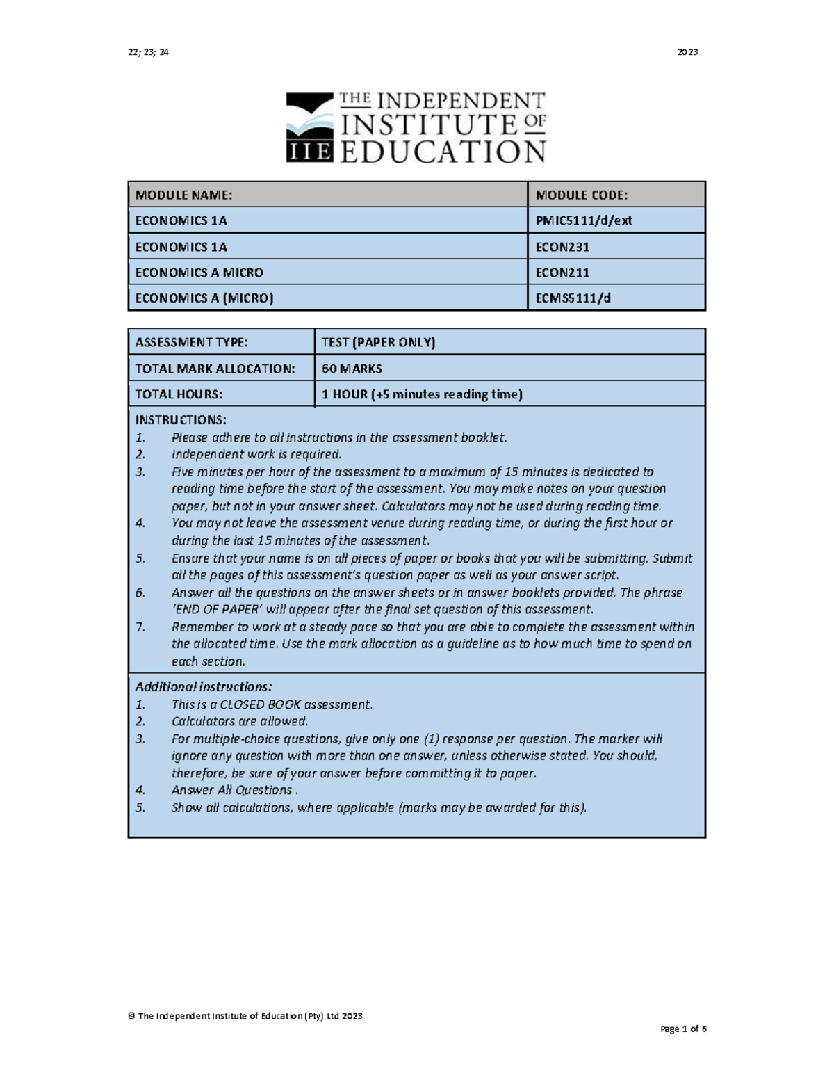 PMIC 5111T1a 2 - Past papers - MODULE NAME: MODULE CODE: ECONOMICS 1A ...