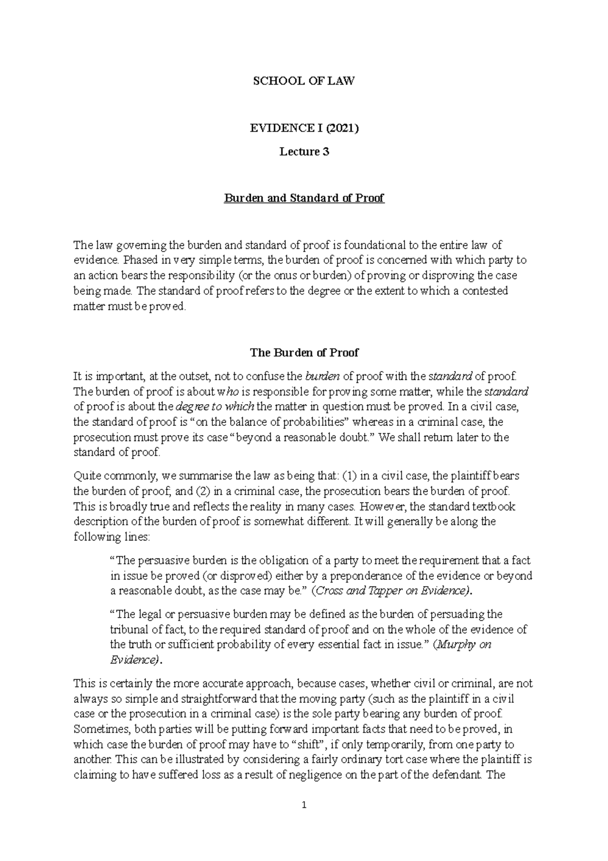Evidence I Burden and Standard of Proof - SCHOOL OF LAW EVIDENCE I ...