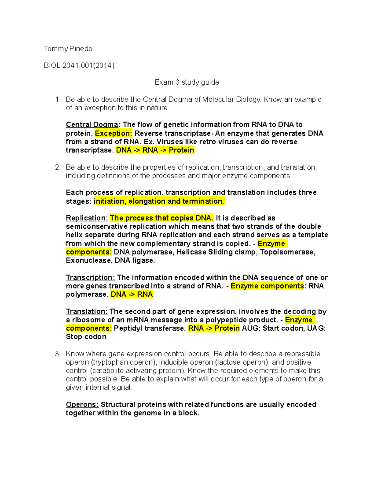 Exam 3 study guide - Tommy Pinedo BIOL 2041(2014) Exam 3 study guide Be ...