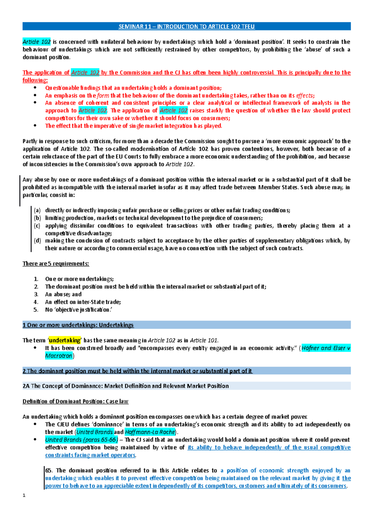 Note - Competition Law - SEMINAR 11 – INTRODUCTION TO ARTICLE 102 TFEU ...