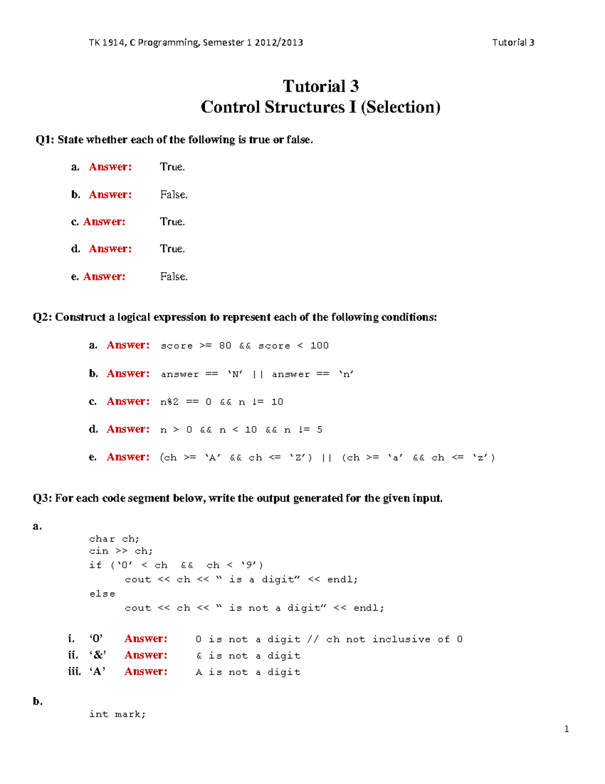Tutorial 3 - Selection - Solution - TK 1914, C Programming, Semester 1 ...