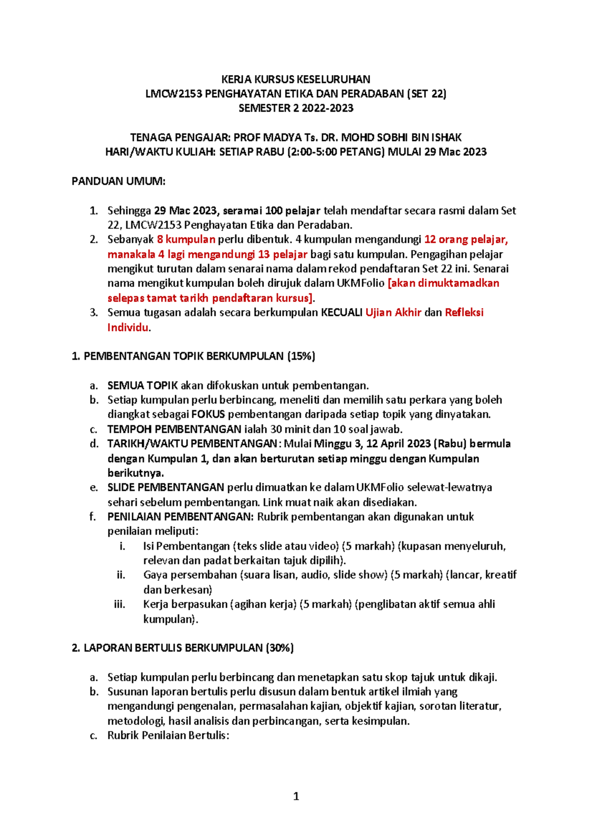 Kerja Kursus Lmcw Set Sem Kerja Kursus Keseluruhan Lmcw Penghayatan