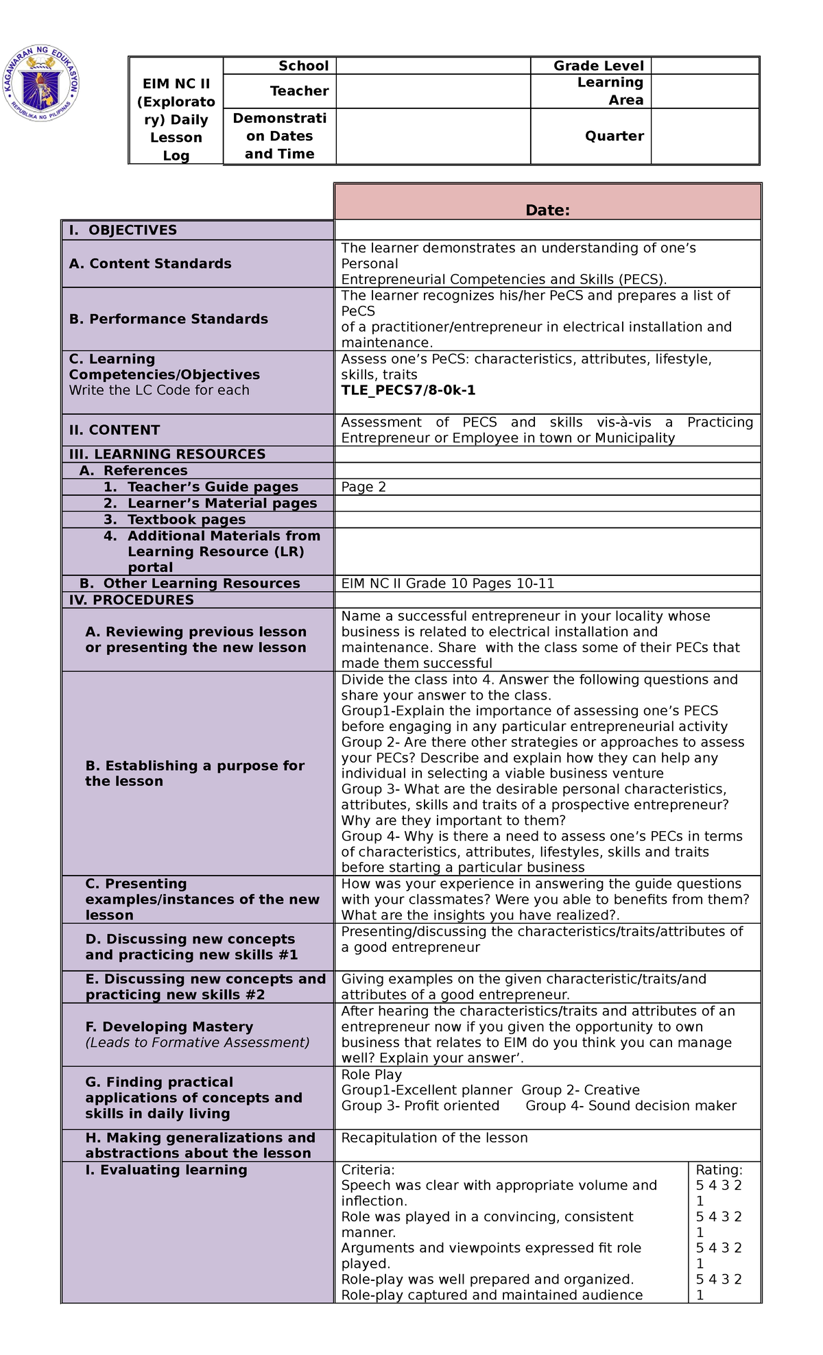 DLL In EIM 1 - Daily Lesson Log In Electrical Installation And ...