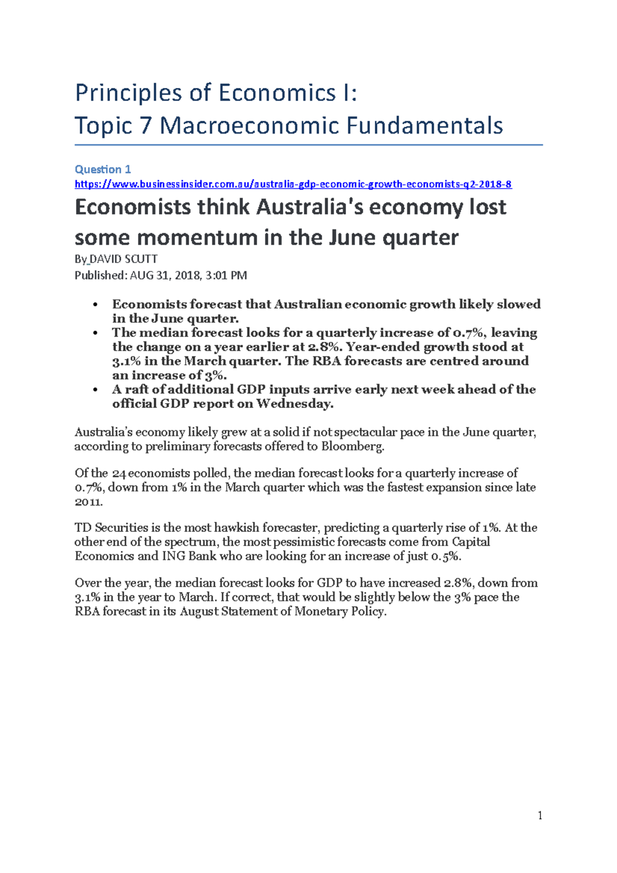 Tutorial 7 - Principles of Economics I: Topic 7 Macroeconomic ...