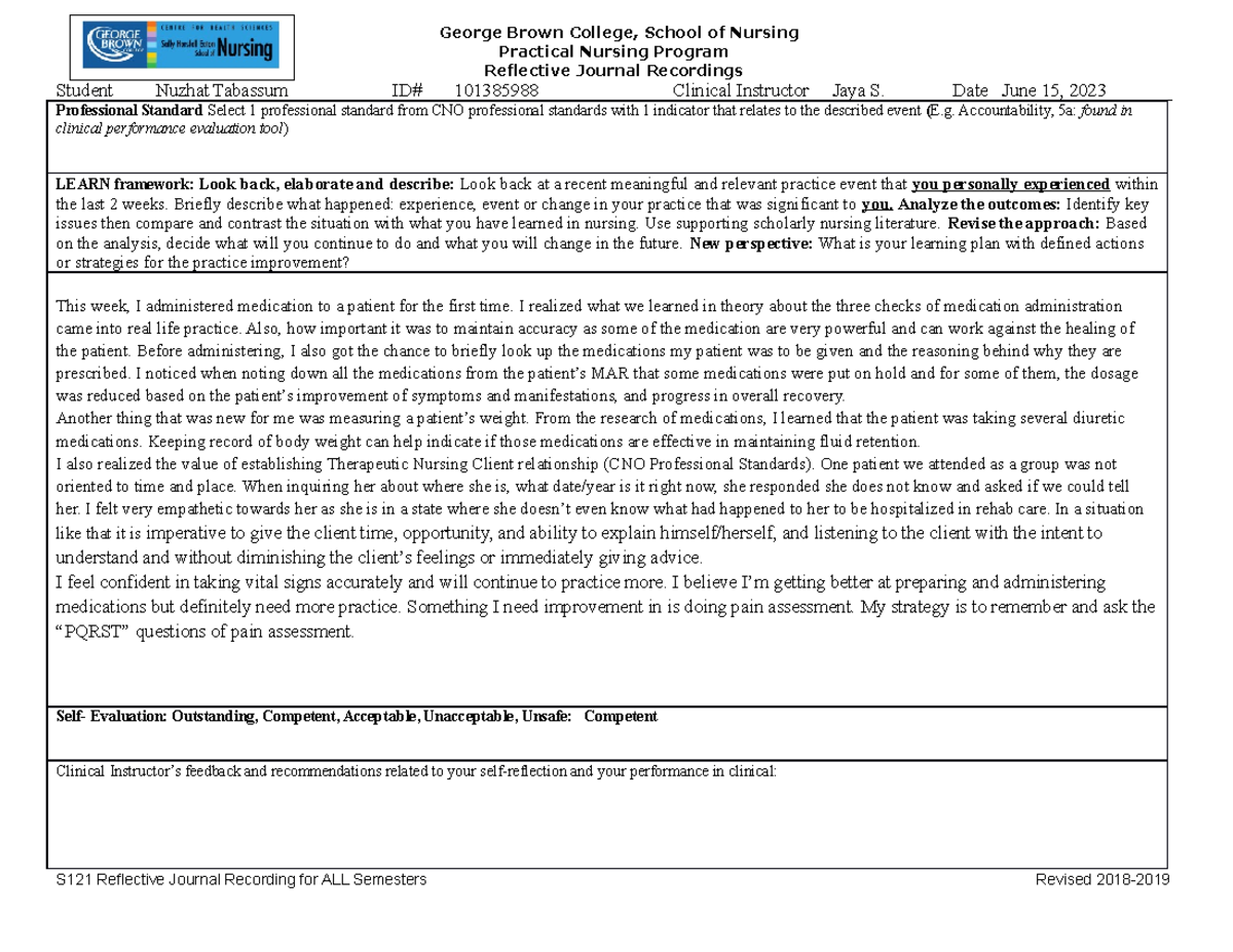 Reflection 2 - George Brown College, School of Nursing Practical ...