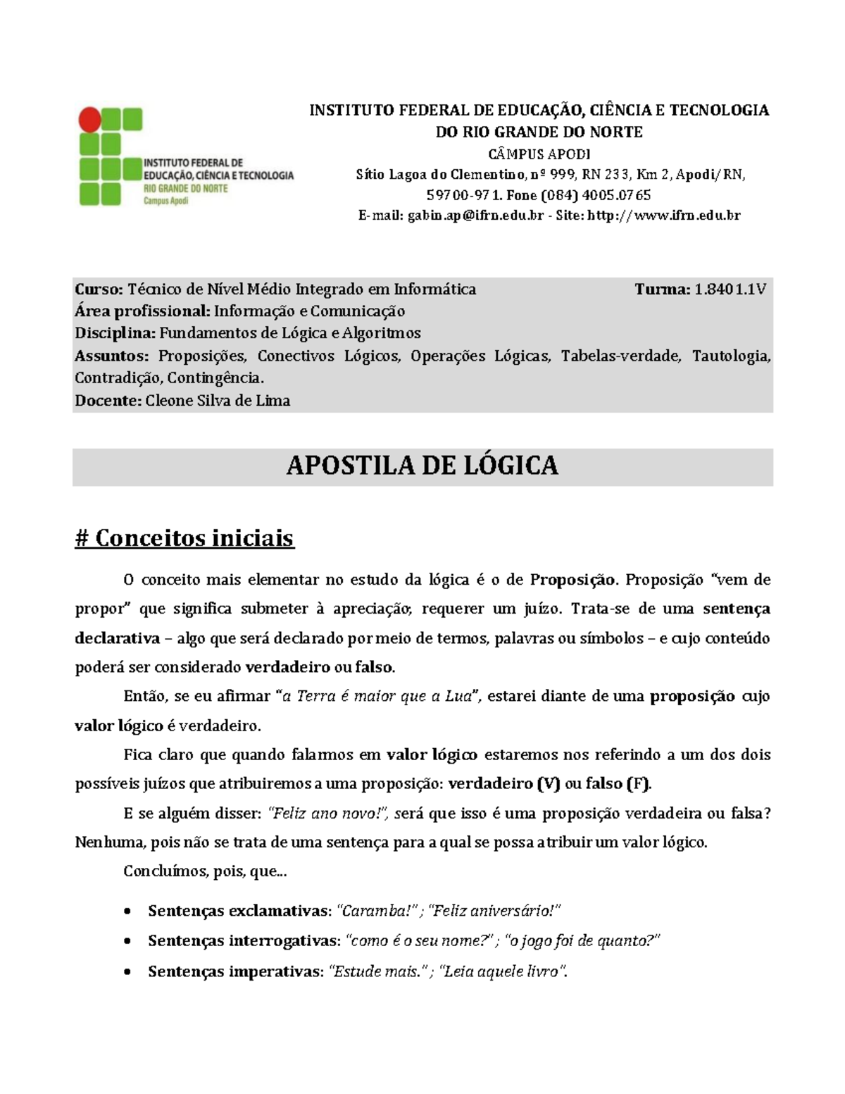 Apostila Logica Proposicoes Conectivos Tabela Verdade INSTITUTO 