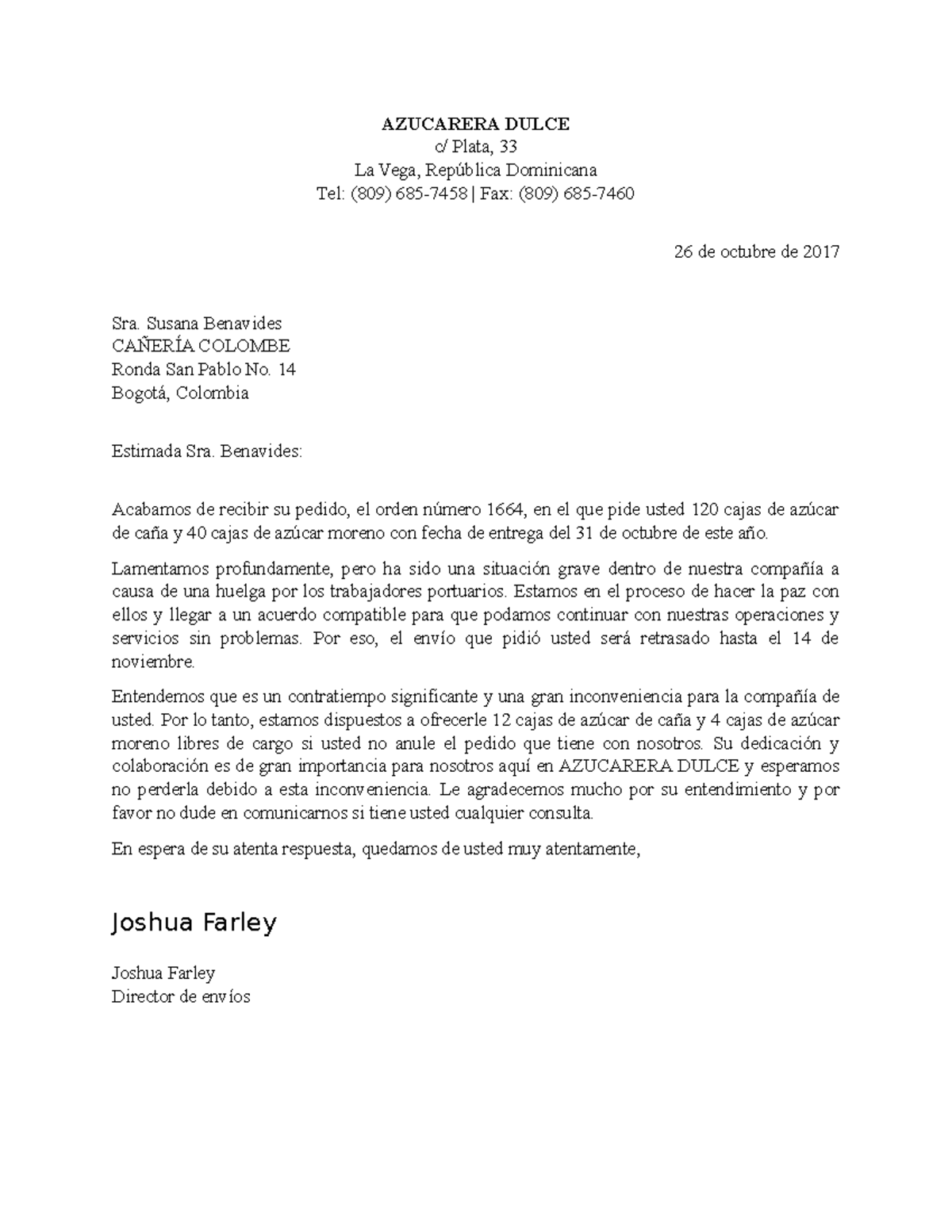 Sixth Carta Comercial - AZUCARERA DULCE c/ Plata, 33 La Vega, República ...