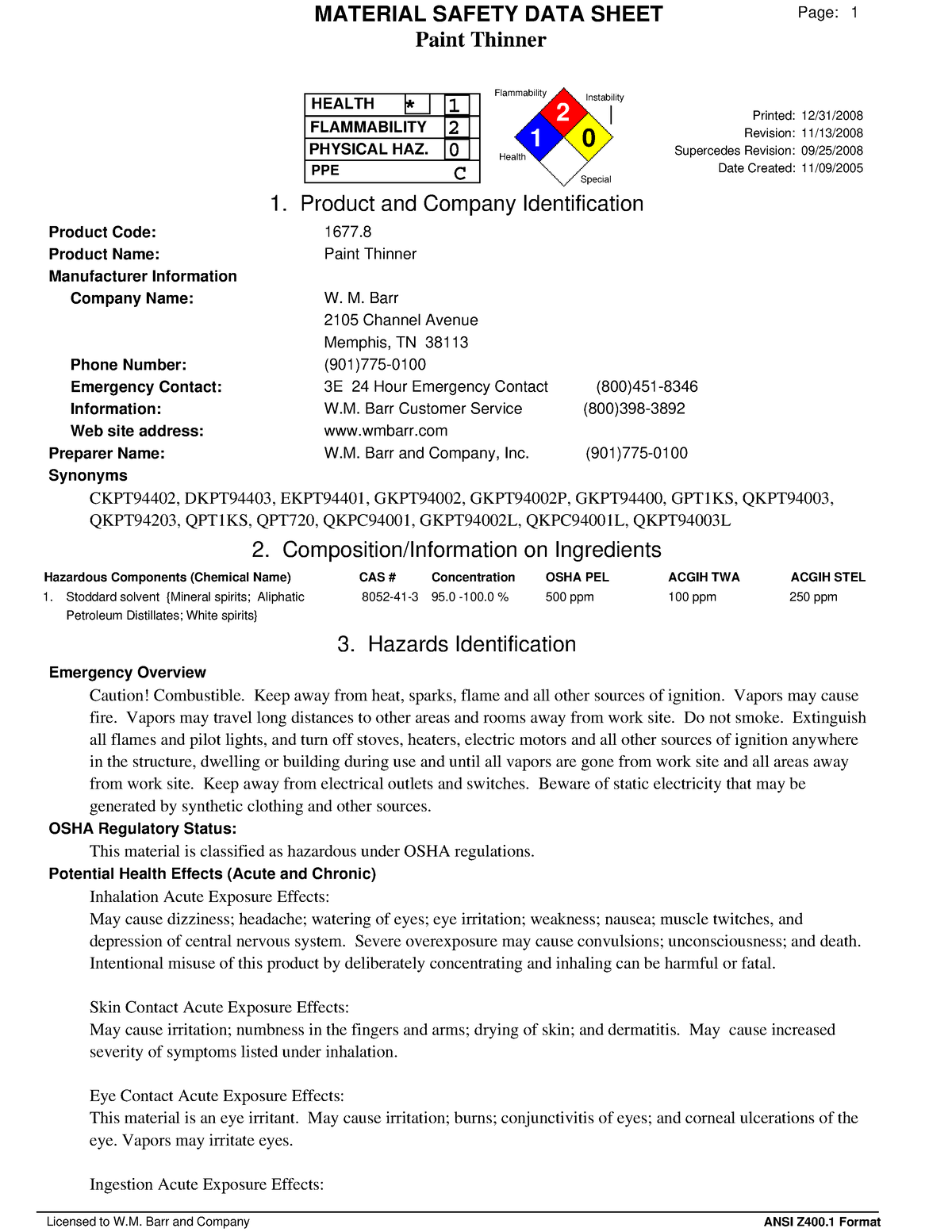 Paintthinnerkleanstrip Paint Thinner MATERIAL SAFETY DATA SHEET 1 2