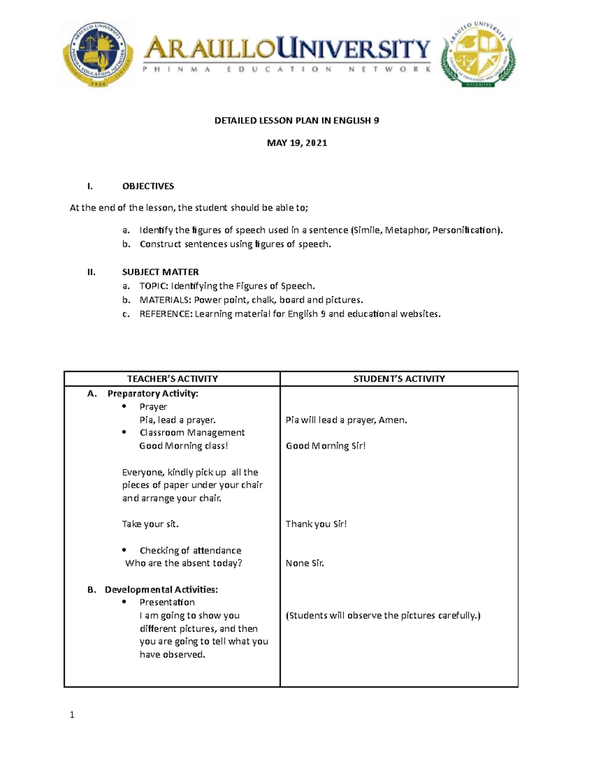 Detailed Lesson PLAN - DETAILED LESSON PLAN IN ENGLISH 9 MAY 19, 2021 I ...