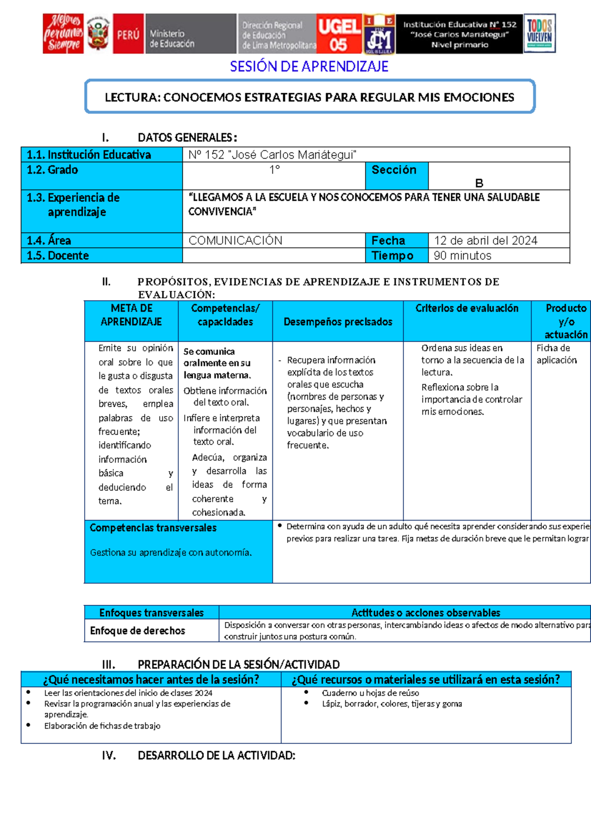 Sesion PLAN Lector Viernes 12 DE Abril - SESIÓN DE APRENDIZAJE I. DATOS ...