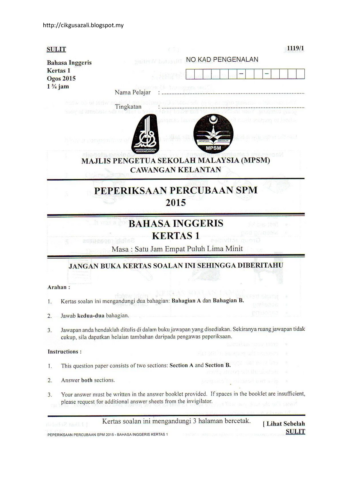 Kelantan BI K1 - Exam - Statistic - Studocu