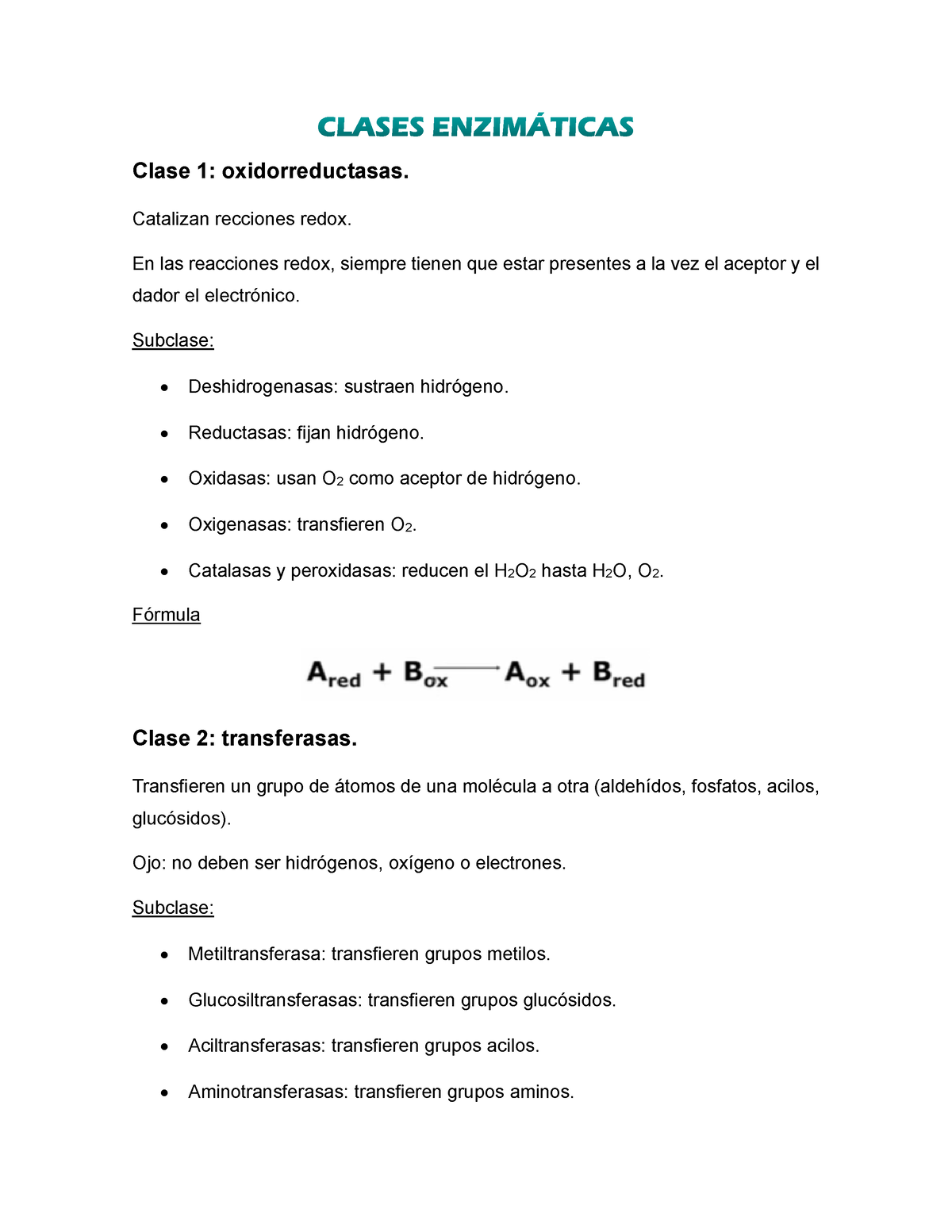 Apuntes Enzimas Clases Enzim Ticas Clase Oxidorreductasas Catalizan Recciones Redox En