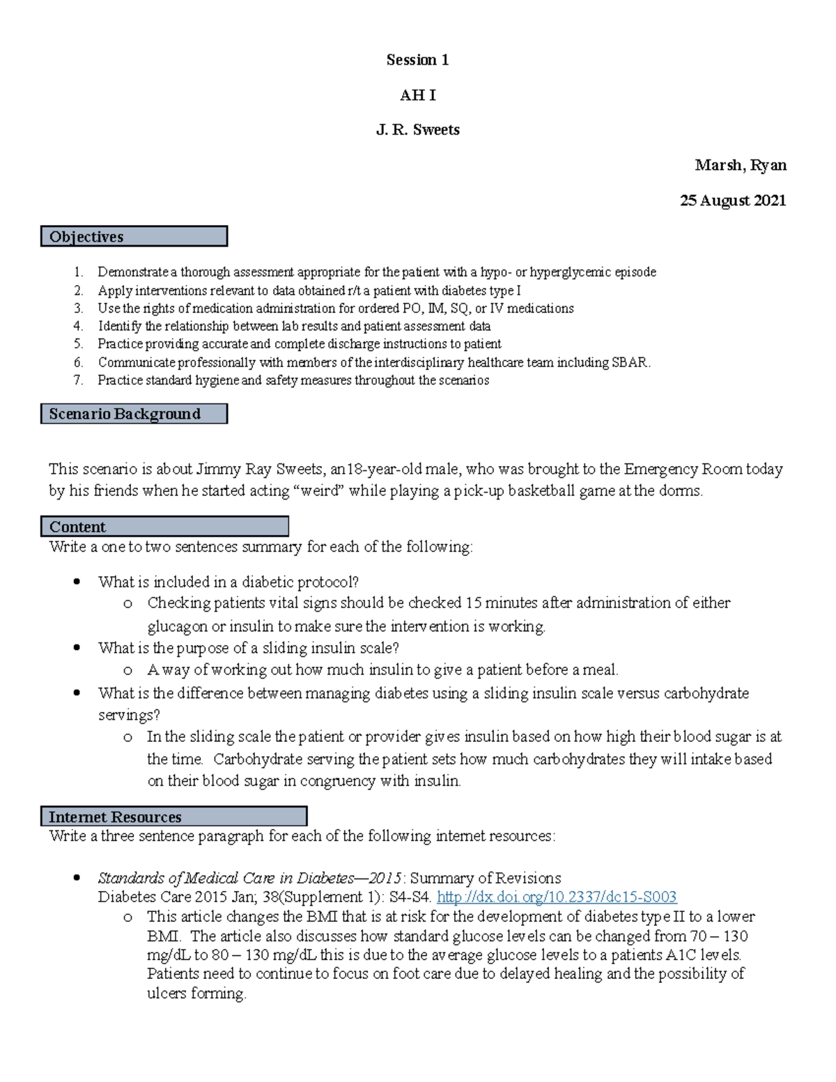 Student Simulation Preparation Worksheet AH I Session 1 J. R. Sweets ...
