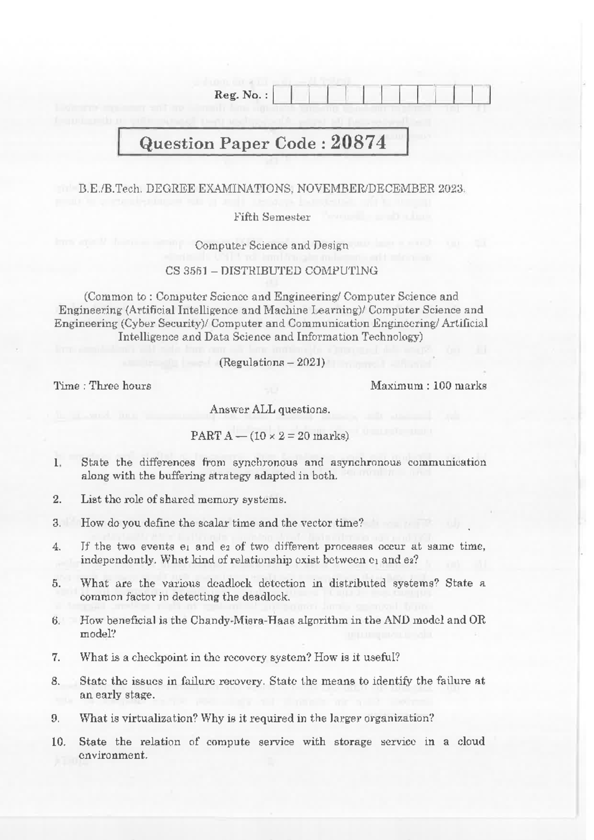 Nov Dec 2023 - Question - Reg. No. : Question Paper Code : 20874 DEGREE ...