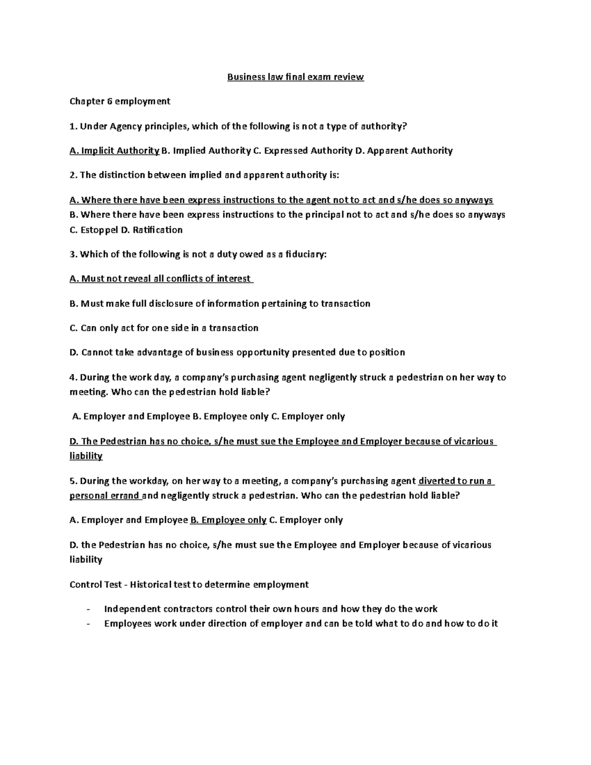 Final exam review March 2017, questions and answers - Business law ...