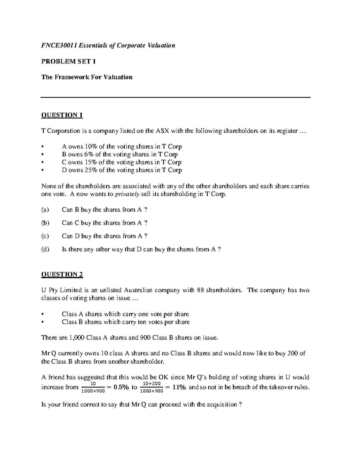 1 30011 Framework Problem Set S1 20 - FNCE 30011 Essentials Of ...