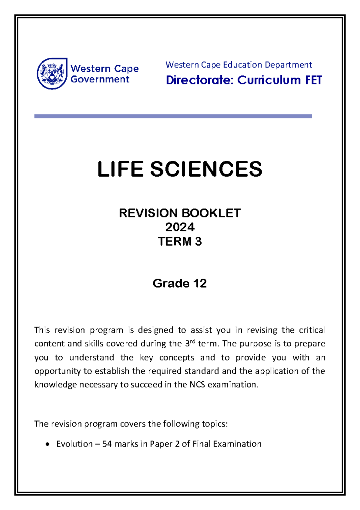 Life Sciences Grade 12 Revision Booklet Term 3 2024 - Western Cape ...