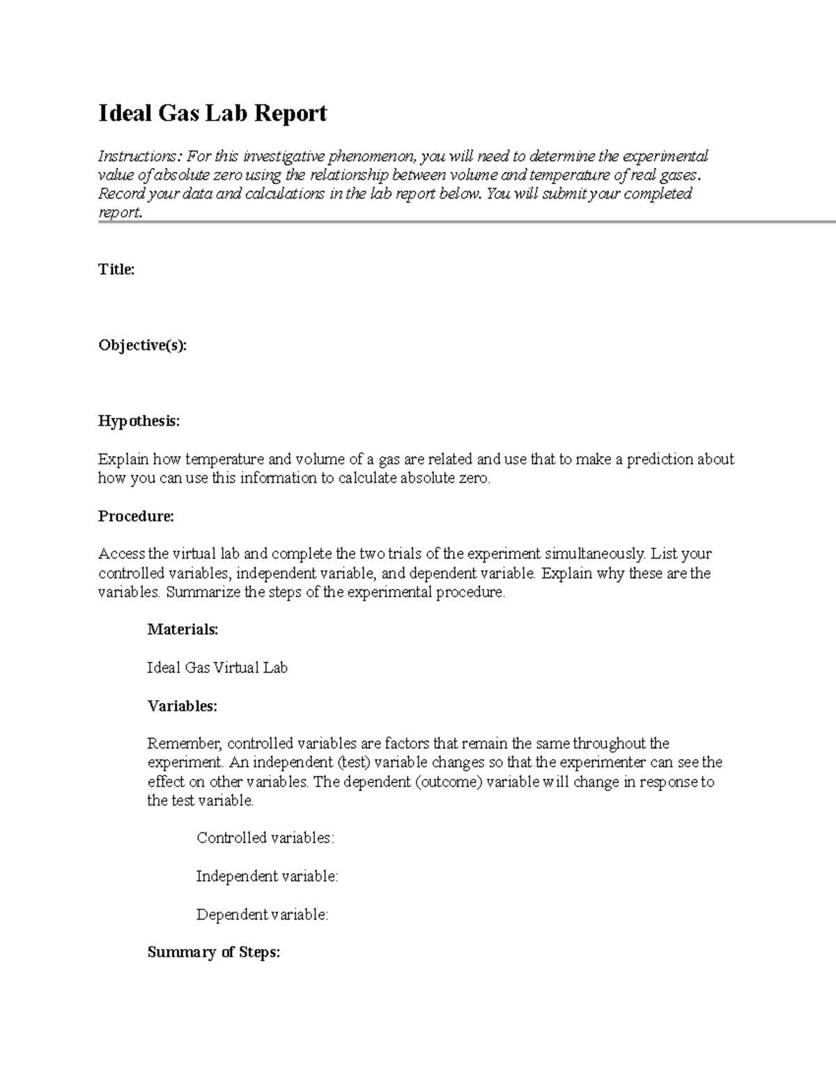 Lab report Help for Chemistry Ideal Gas Lab Report Instructions