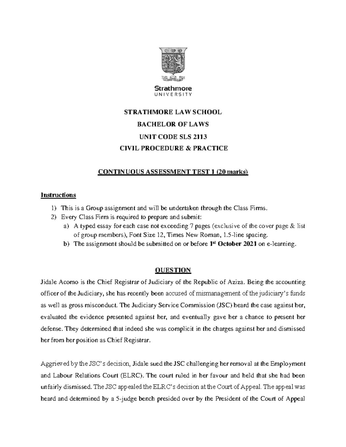 CAT Civil Procedure STRATHMORE LAW SCHOOL BACHELOR OF LAWS UNIT CODE