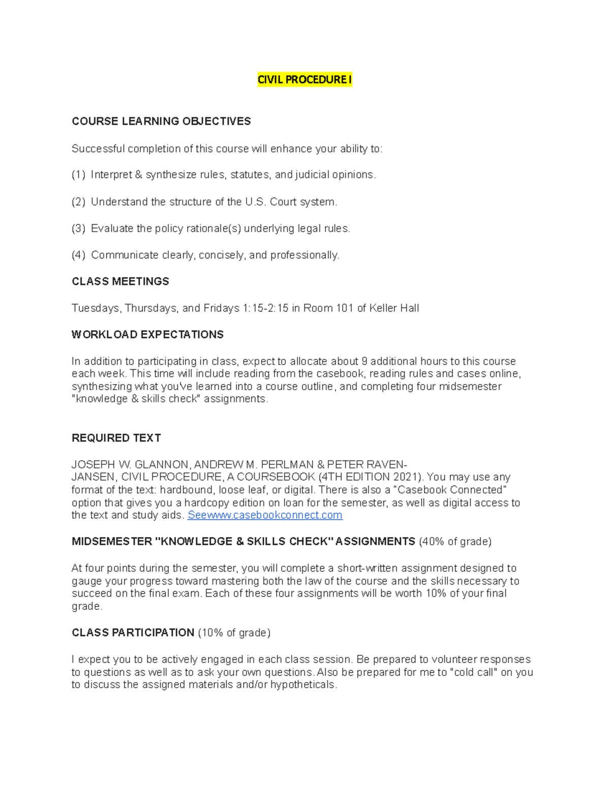 Civil Procedure I - outline - CIVIL PROCEDURE I COURSE LEARNING ...