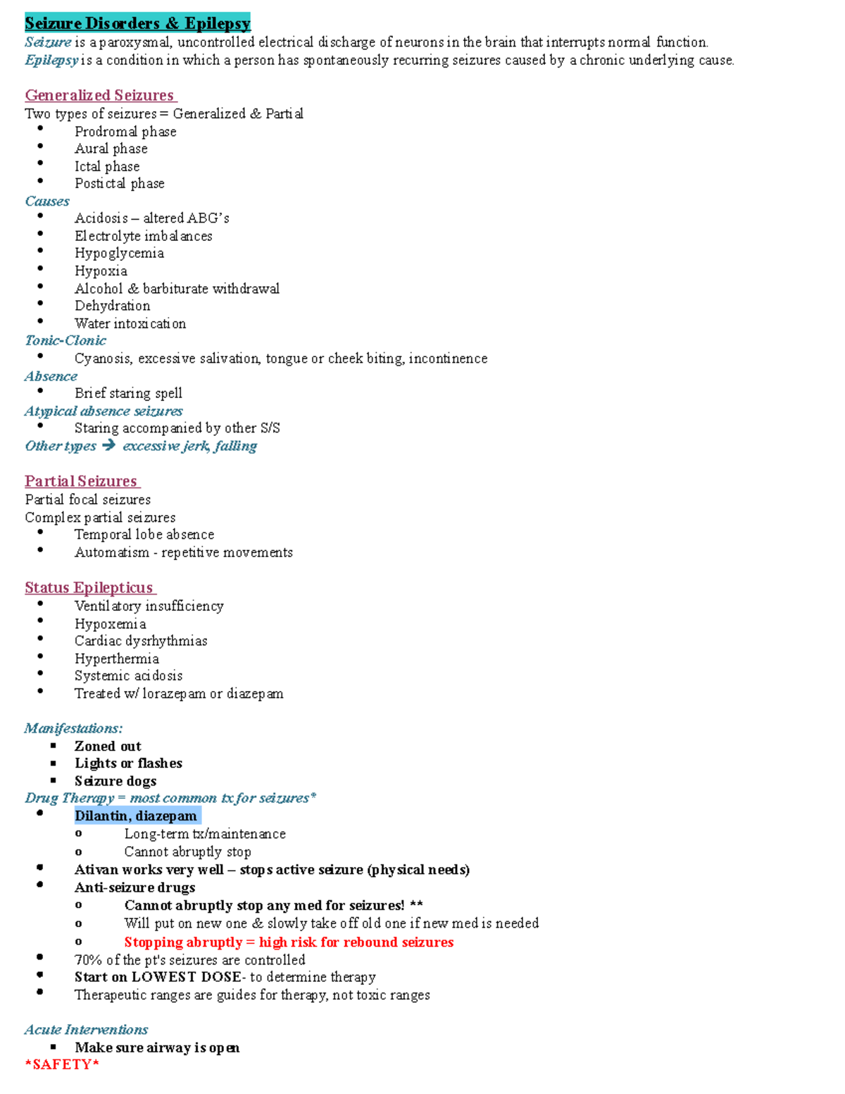 Med surg neuro notes NEW - Seizure Disorders & Epilepsy Seizure is a ...