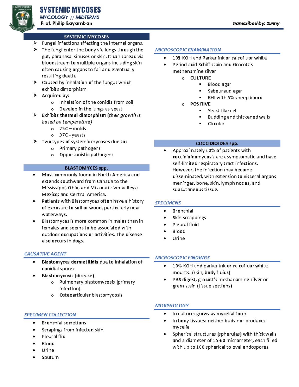 Systemic Mycoses - Mycology - Systemic Mycoses Mycology    Midterms 