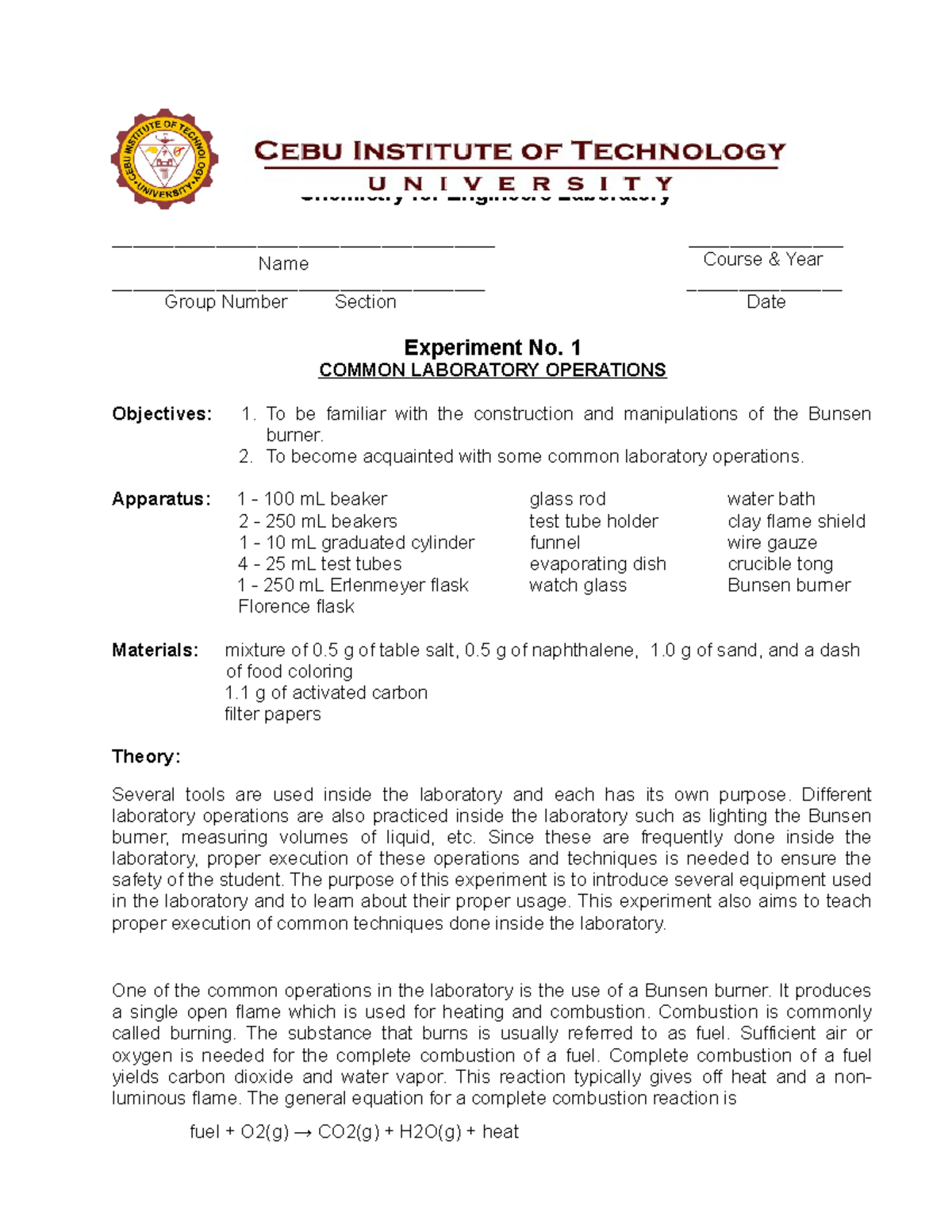 Expt. no. 1 common Laboratory Operations (1) Chem 181 Chemistry for