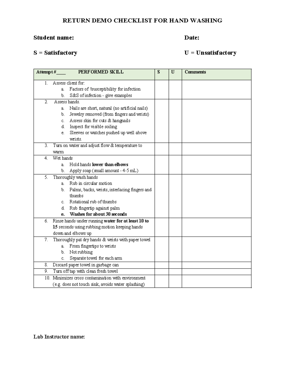 Handhygiene - Checklist - Return Demo Checklist For Hand Washing 