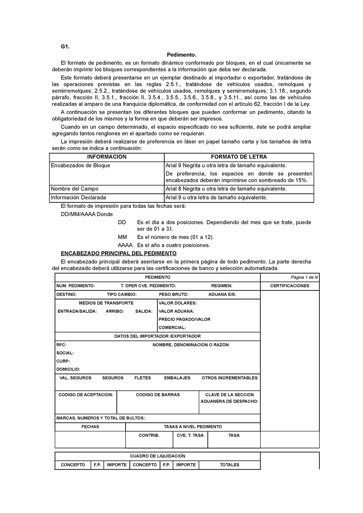 G1 Instruccion De Llenado De Pedimentos G1 Pedimento El Formato De Pedimento Es Un 7480