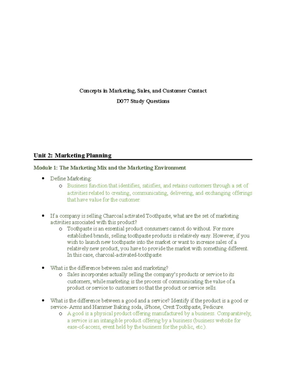 D077 Study Questions - Concepts In Marketing, Sales, And Customer ...