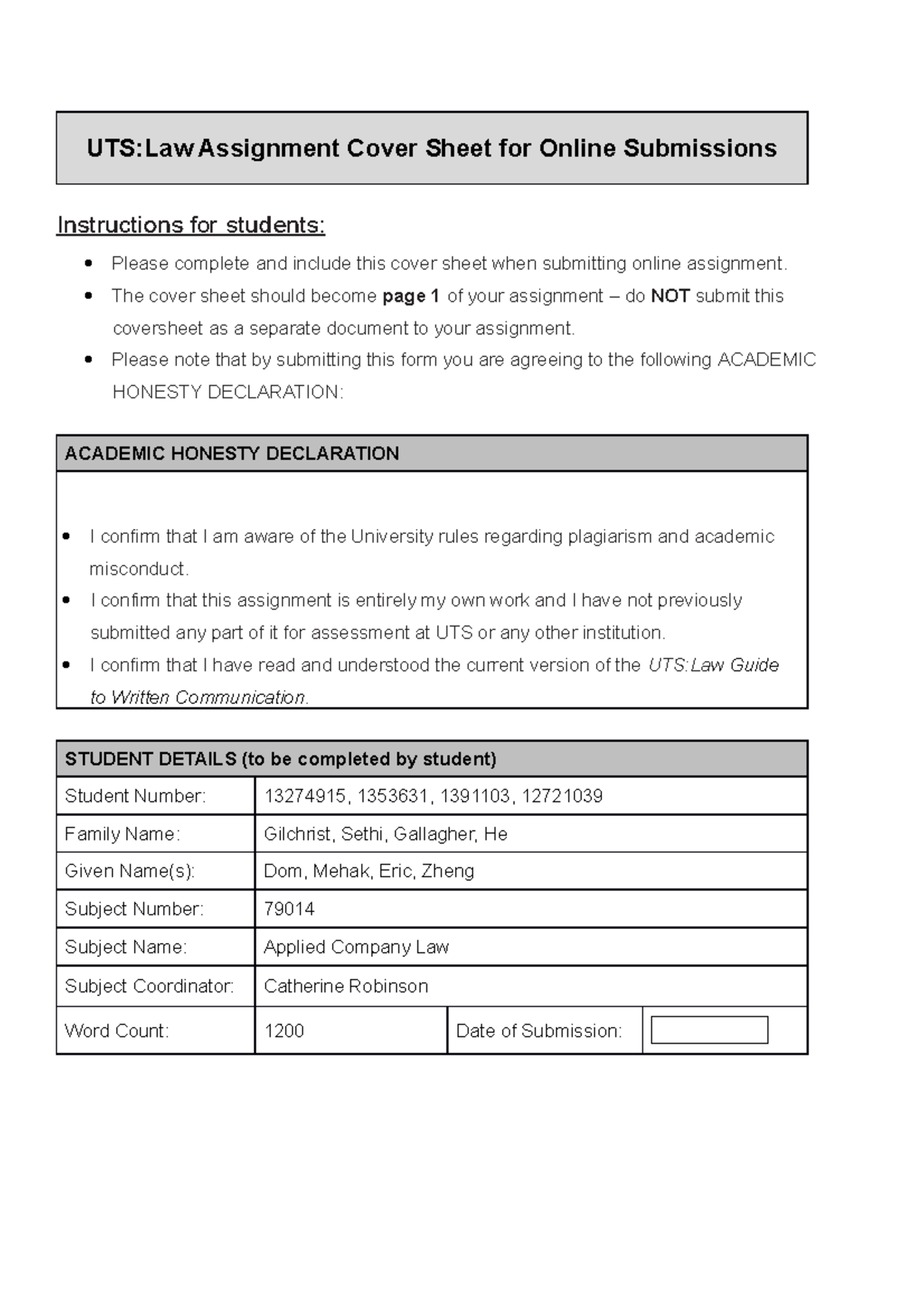 uts law assignment cover sheet for online submissions