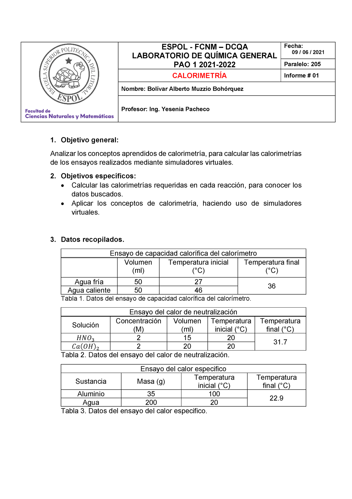 Informe 1 QG - ESPOL - FCNM – DCQA LABORATORIO DE QUÍMICA GENERAL PAO 1 ...