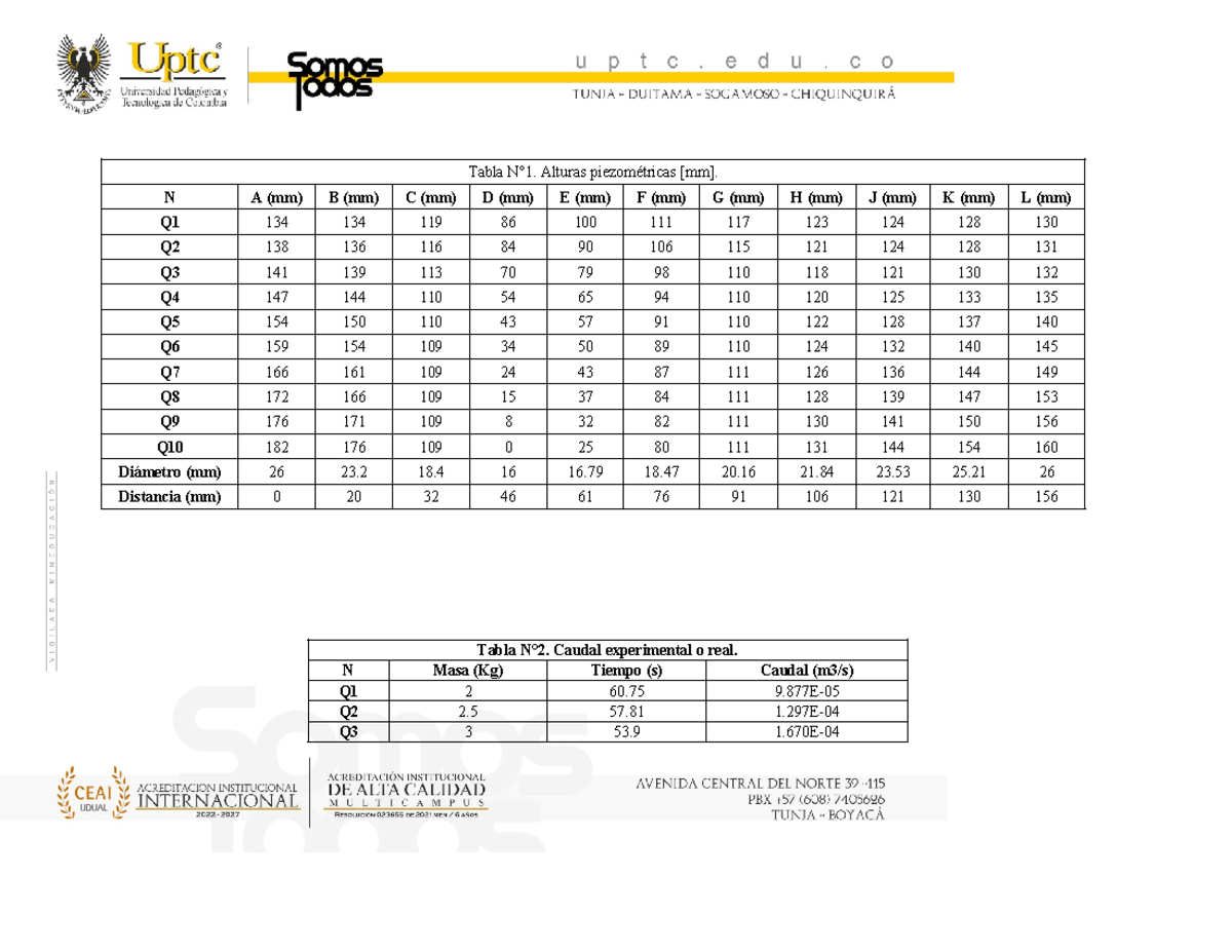 Plantillaword UPTC 2024 Tabla N°1. Alturas piezométricas [mm]. Tabla