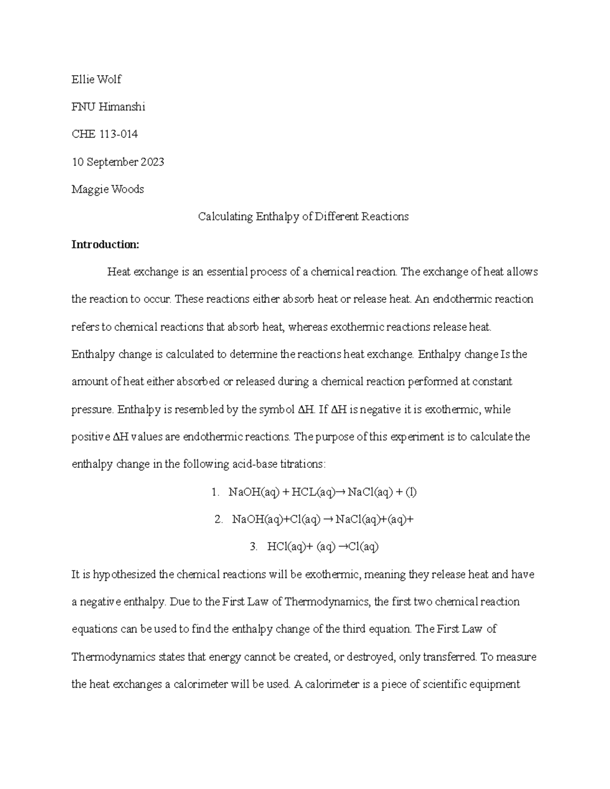 che 113 lab report 11 - Ellie Wolf FNU Himanshi CHE 113- 10 September ...