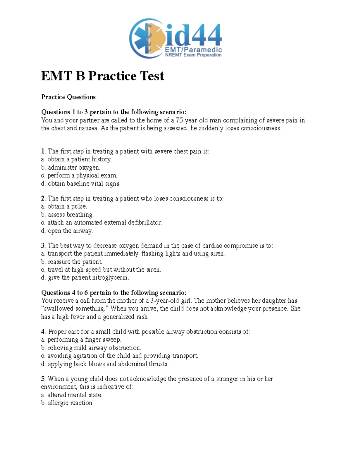 EMT Basic Sample Questions Printable - EMT B Practice Test Practice ...