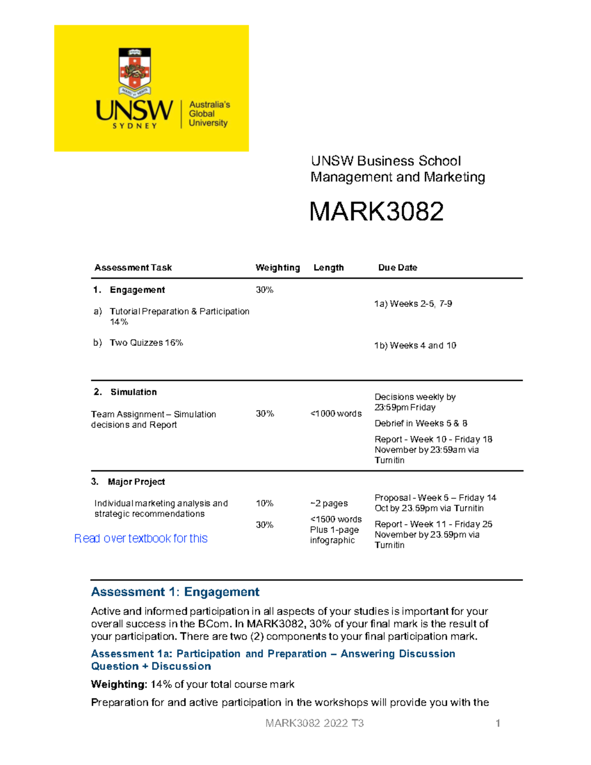 MARK3082 Assessment Handbook T3 UNSW Business School Management and Marketing MARK Assessment